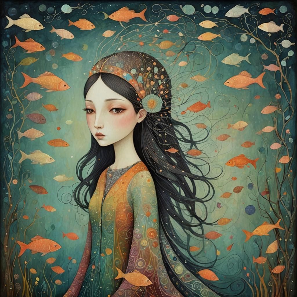 Dreamlike Woman-Fish in Art Brut Style
