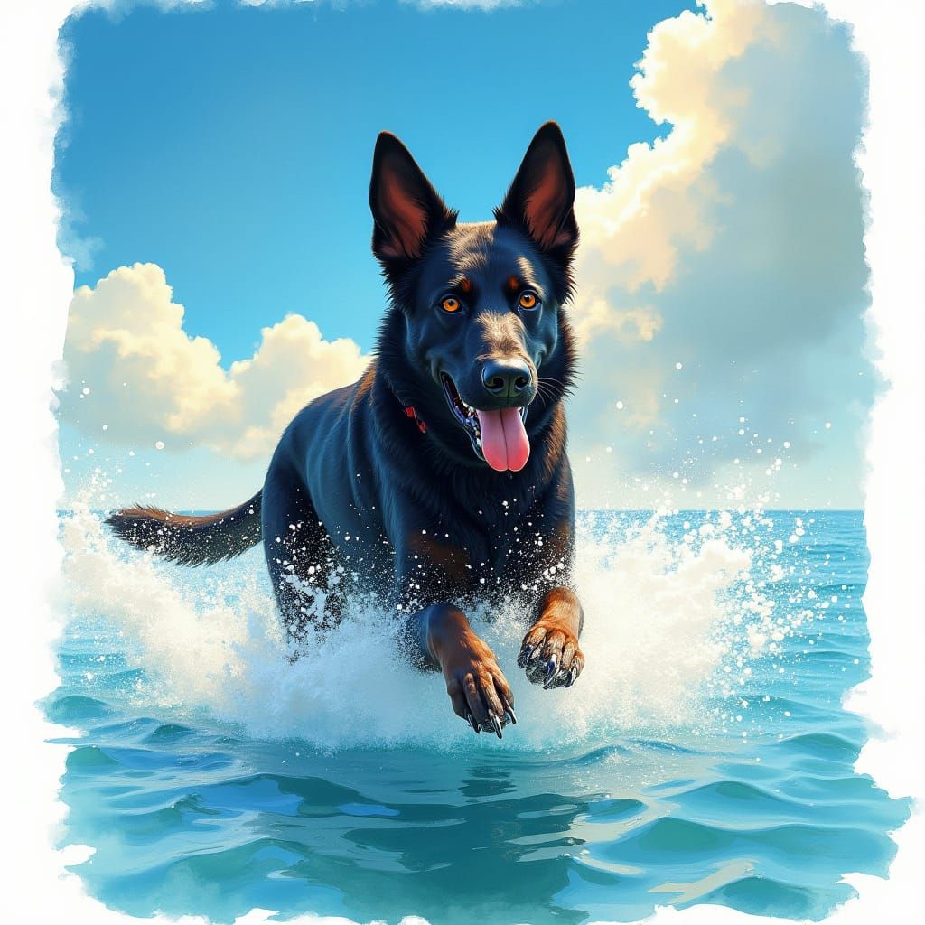 Black German Shepherd in Dreamy Watercolor Style