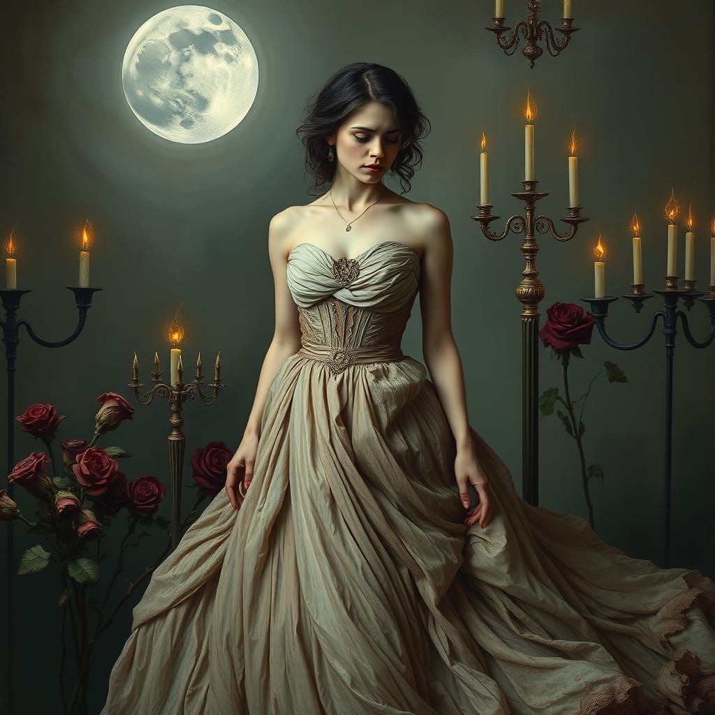 Sorrowful Beauty Lost in Moonlit Melancholy