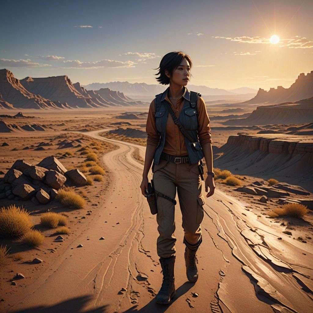 Young Asian Adventurer in the Badlands at Dusk