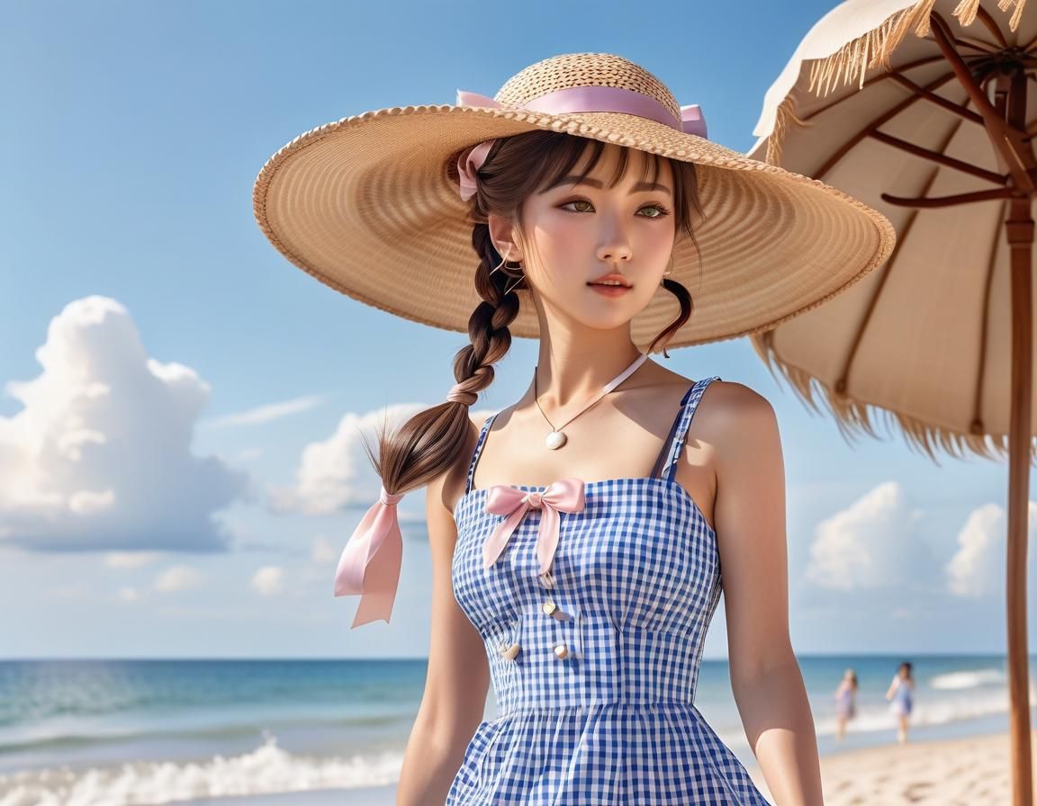 Japanese Woman on Beach in Pastel Concept Art