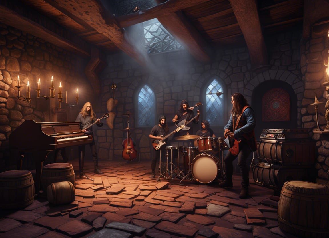 Rock Band Plays Heavy Metal in Medieval Stone Room