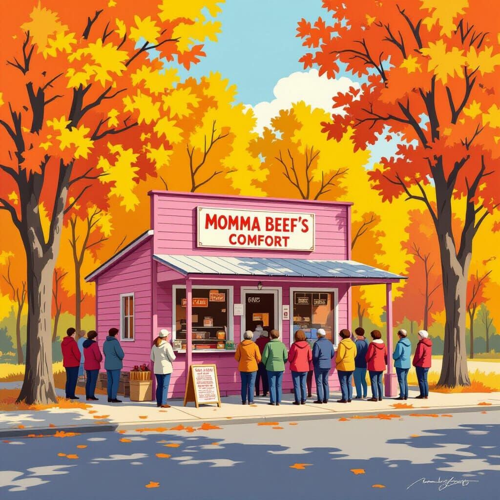 Momma Beef's Comfort: Autumn BBQ Shack in Folk Art Style