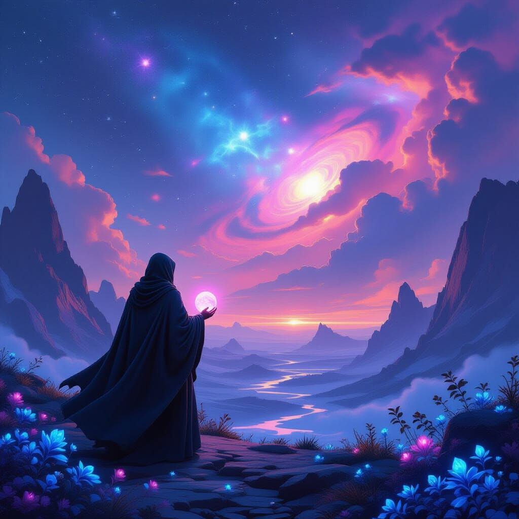 Lone Traveler on Crystalline Planet Gazing at Nebula