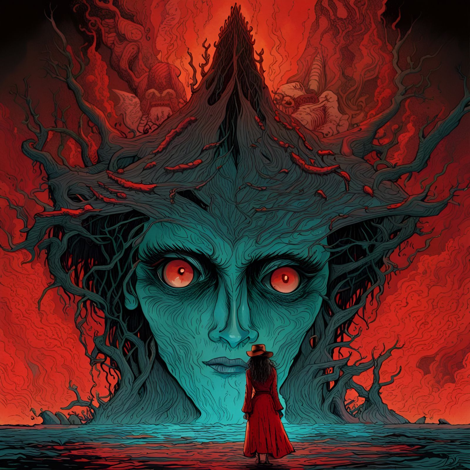 Woman Confronts Witch in Dark Fantasy Illustration