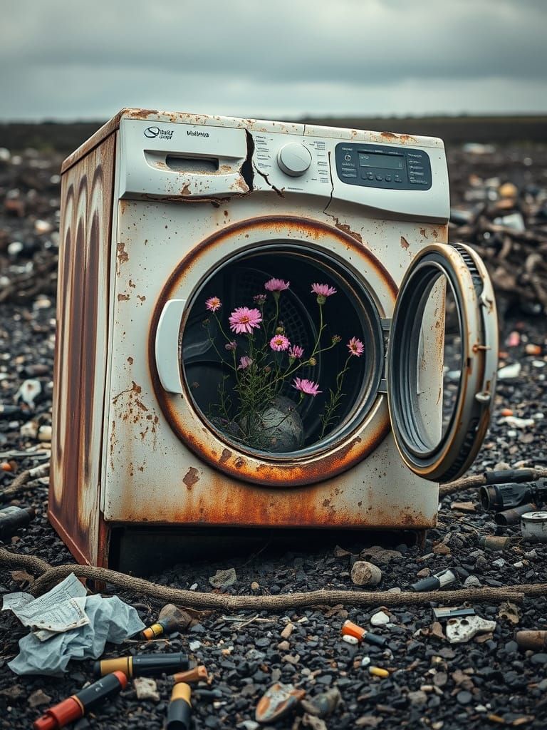 Wildflowers Bloom From Rusty Washing Machine