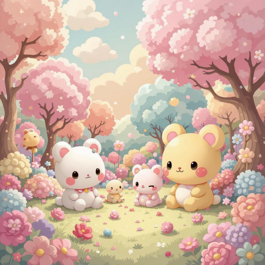 Pastel Kawaii Scene with Swirling Shapes