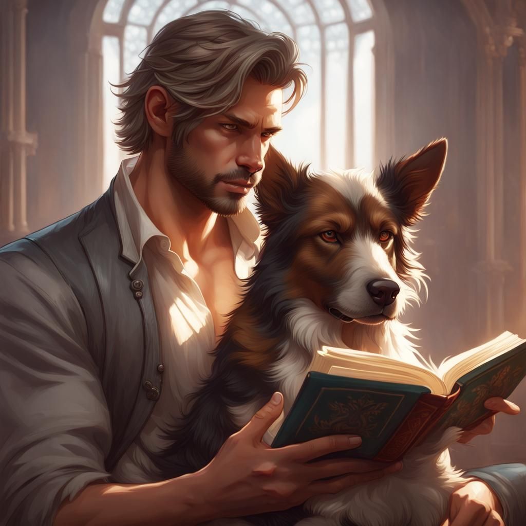 Man Reading with Dog: Detailed Portrait