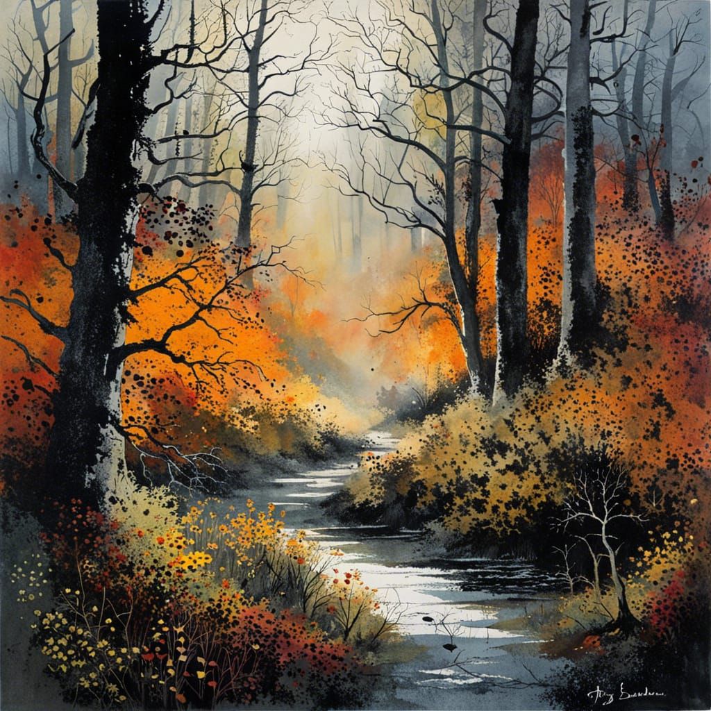 Eerie Forest in Atmospheric Watercolor Style