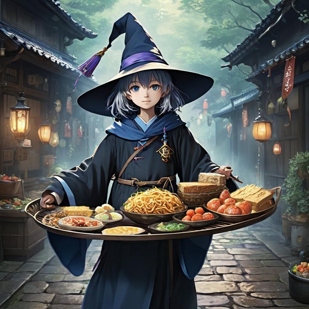 A little wizard carrying a tray of food that floats in front...