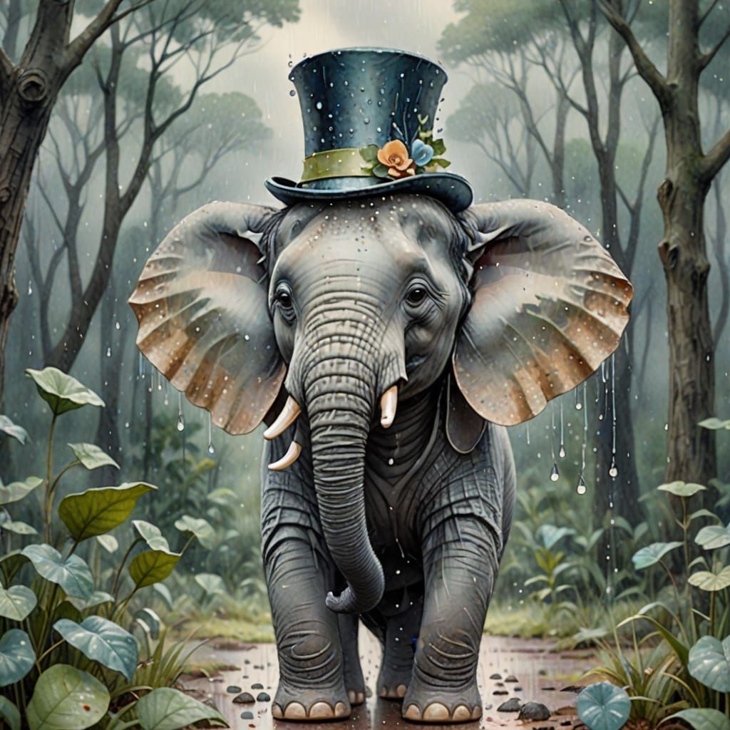 Felt Elephant in Rainy Forest, Watercolor Illustration