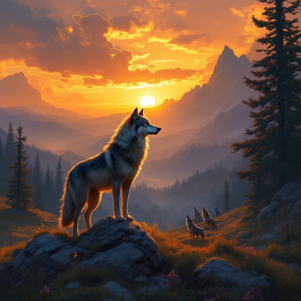 Wolf Pack Howling at Sunset Digital Painting