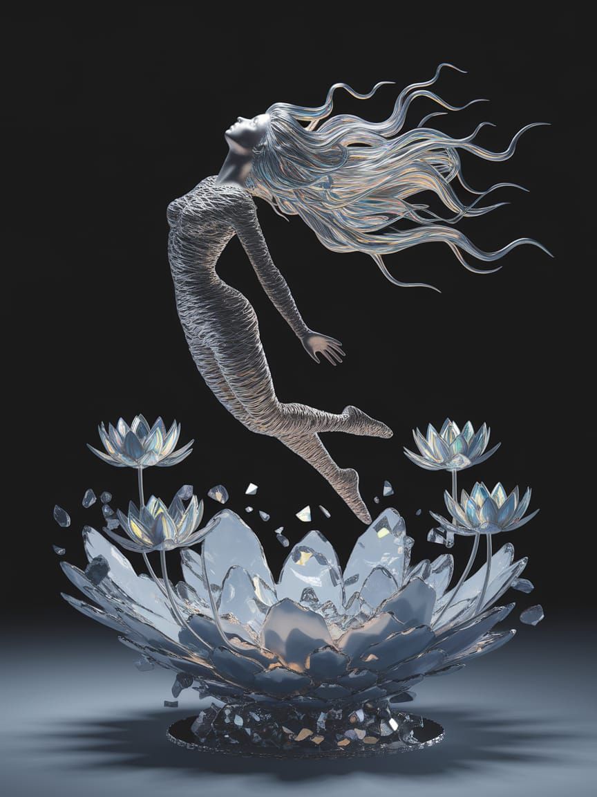 Ethereal Sculpture of Woman in Molten Silver and Mercury