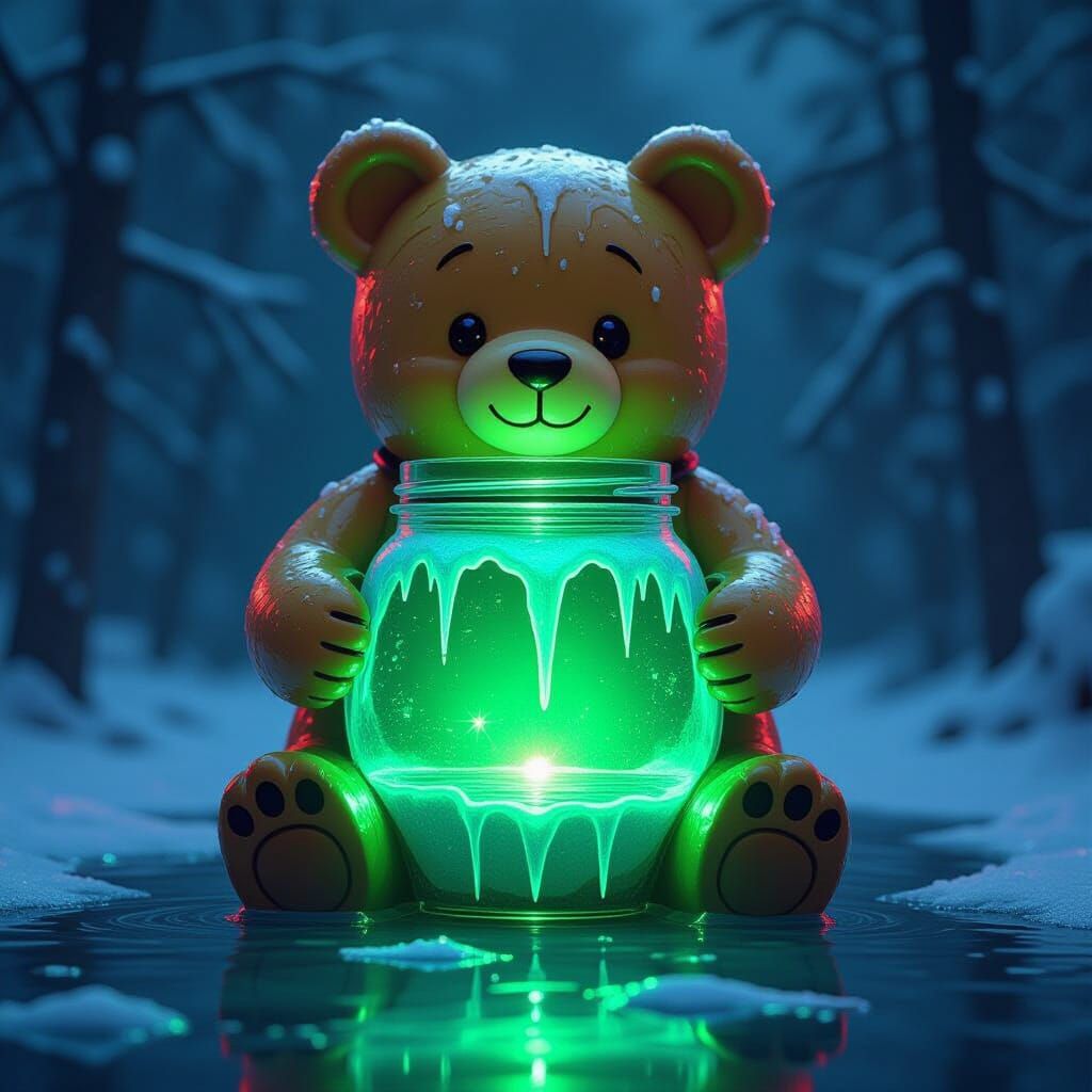 Glass Honey Bear Container With Neon Light and Icy Lake