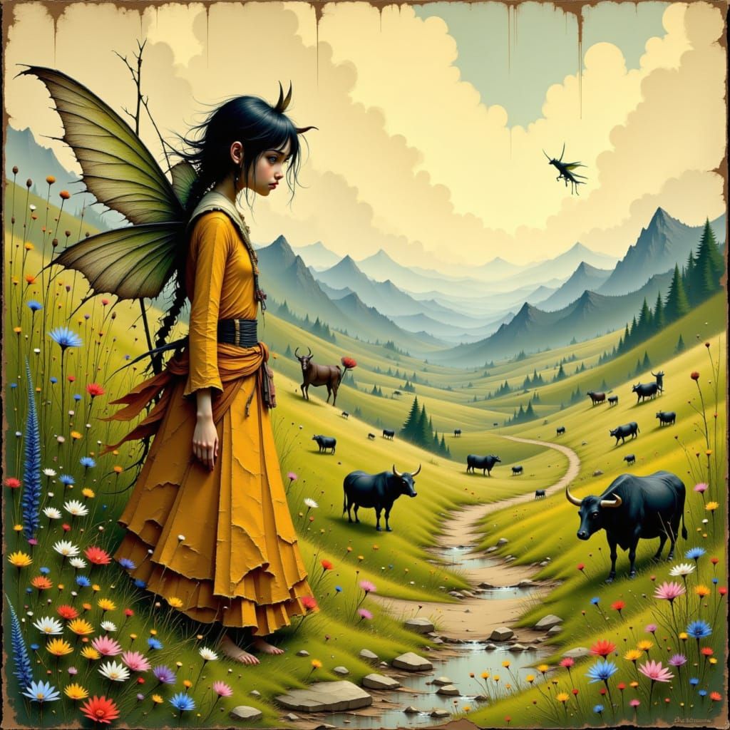 Mischievous Fairies Herding Cattle in Mystical Landscape