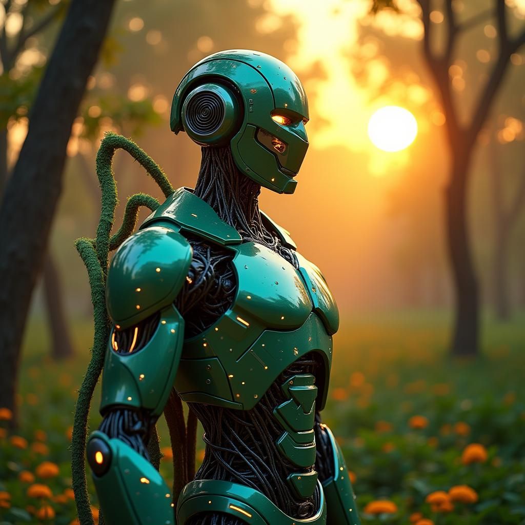 Robot Superhero in a Lush Green Environment