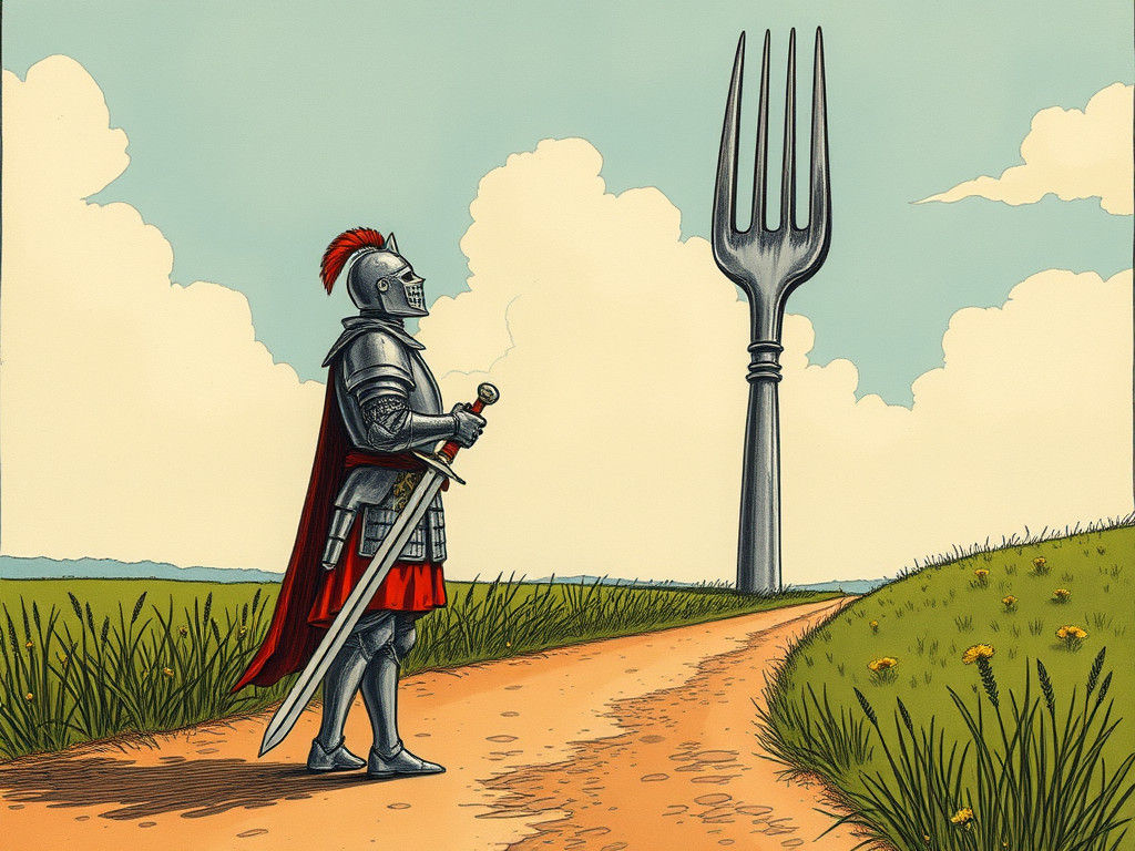 Knight and Colossal Fork in Fairy Tale Scene