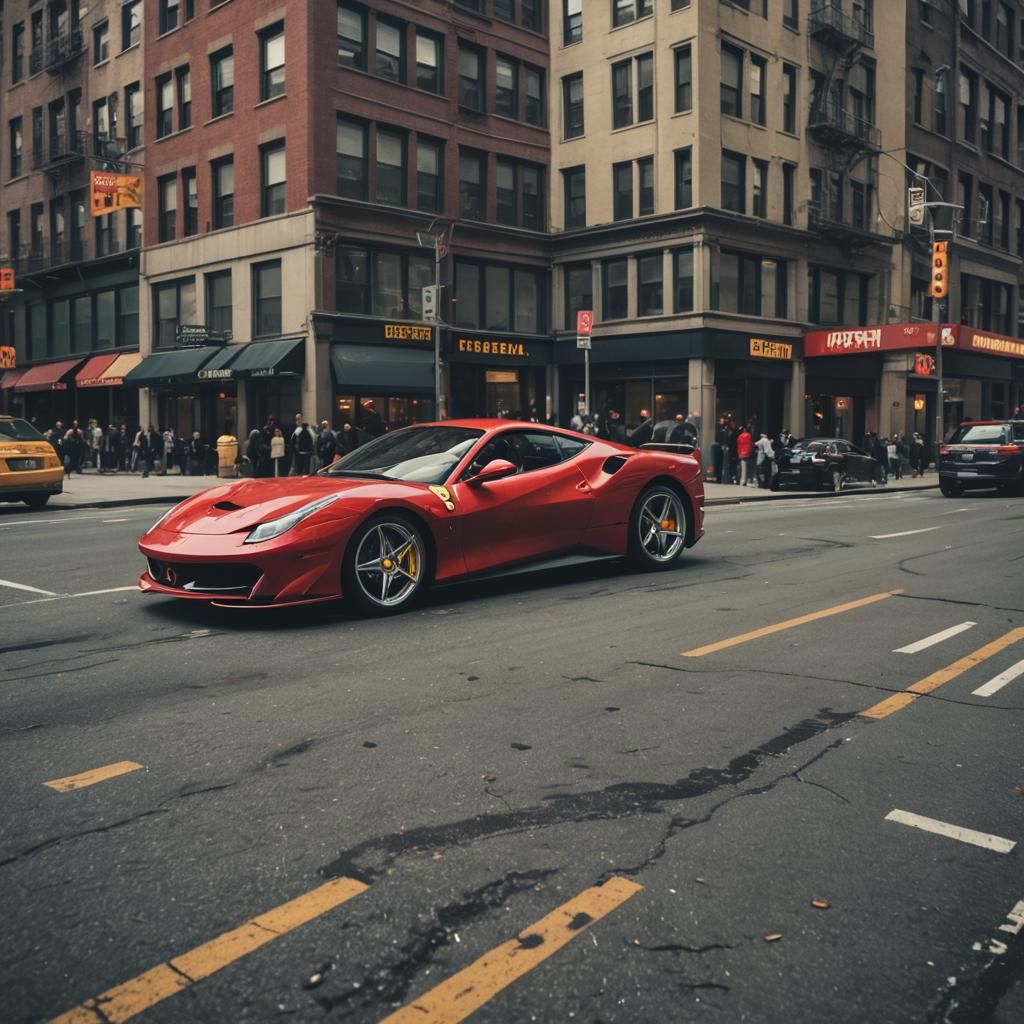 Ferrari Rossa Drifting in New York: Cinematic Film Still