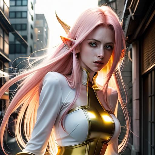 Elven Woman in Cityscape, Anime-Inspired Style