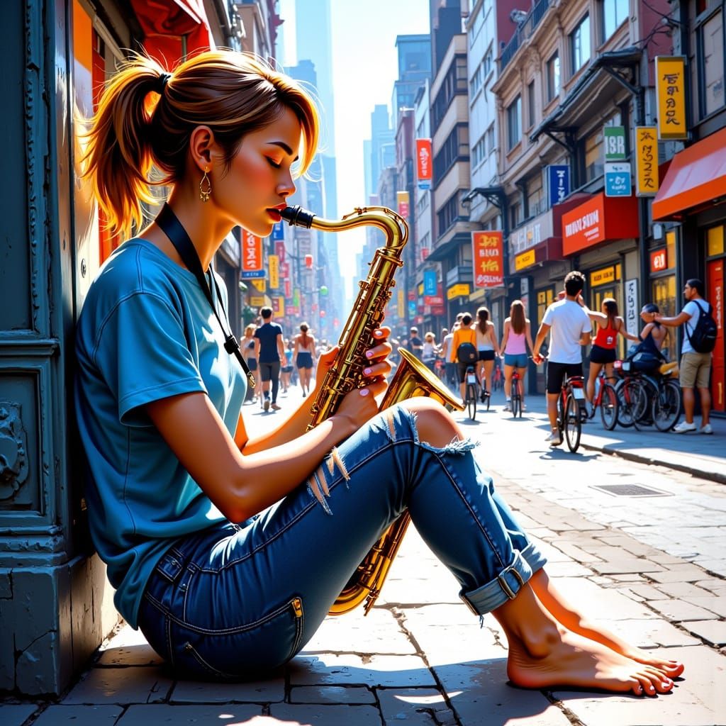 Woman Playing Saxophone on City Street in Impressionist Styl...