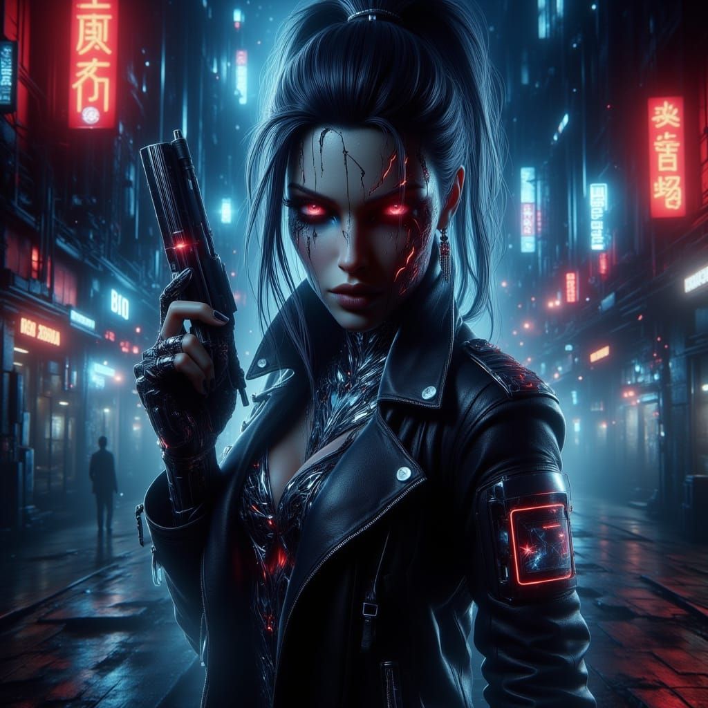 Cyberpunk Raider with Katana and Glock in Neon City
