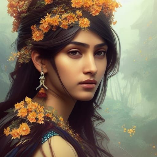 Indian Princess with Jasmine Flowers, Detailed Portrait