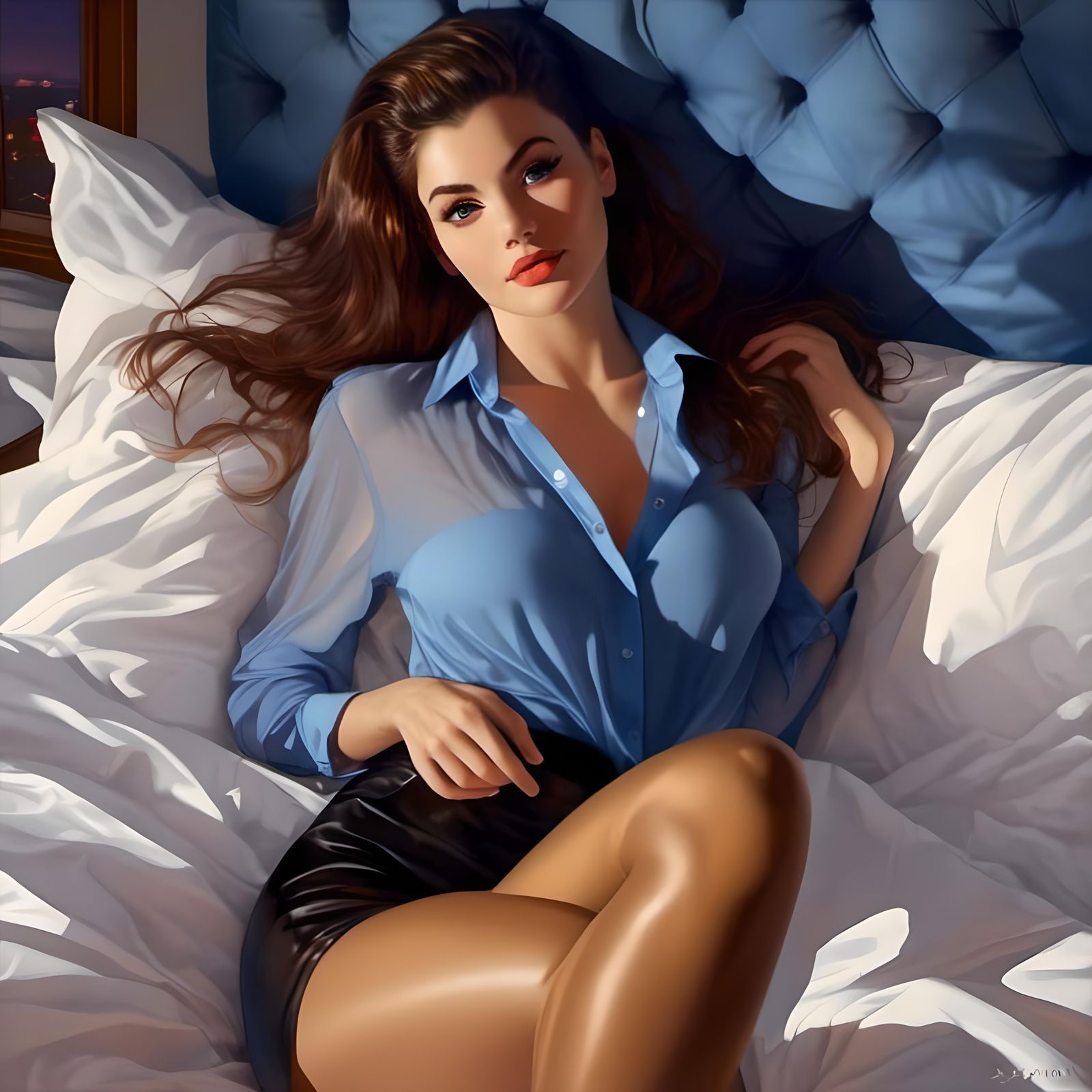 Woman in Boyfriend's Shirt on Lyon Bed