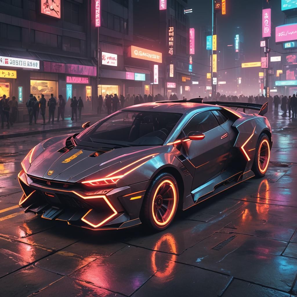 Cyberpunk Neon Car in Futuristic Cityscape