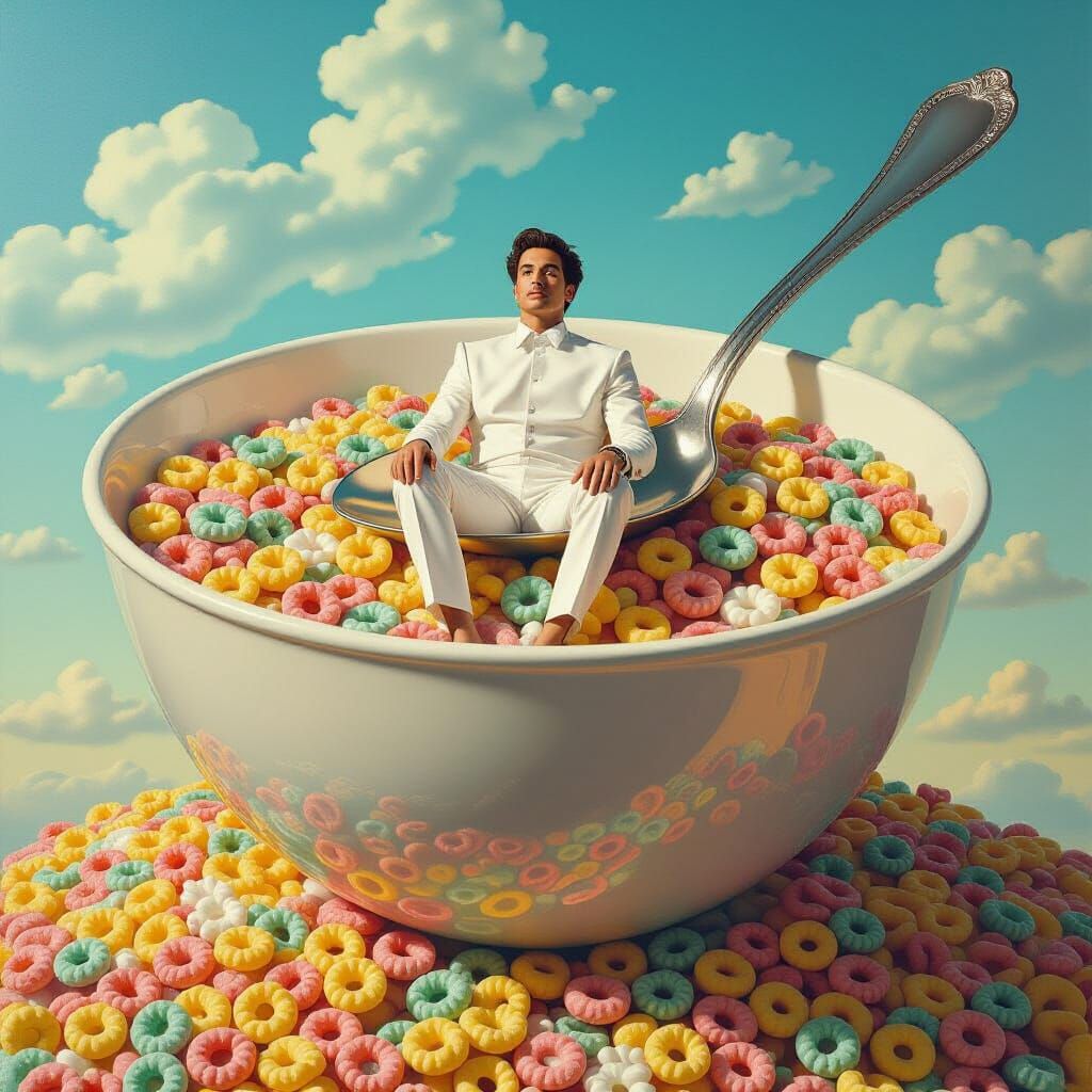 Person on Spoon in Cereal Bowl, Surreal Scene