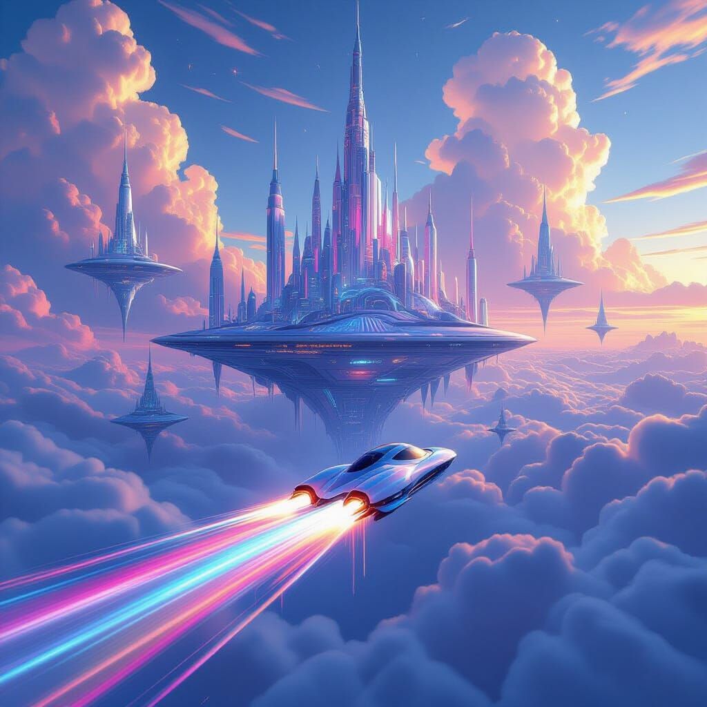 Futuristic Sky City with Dripping Paint Vehicle