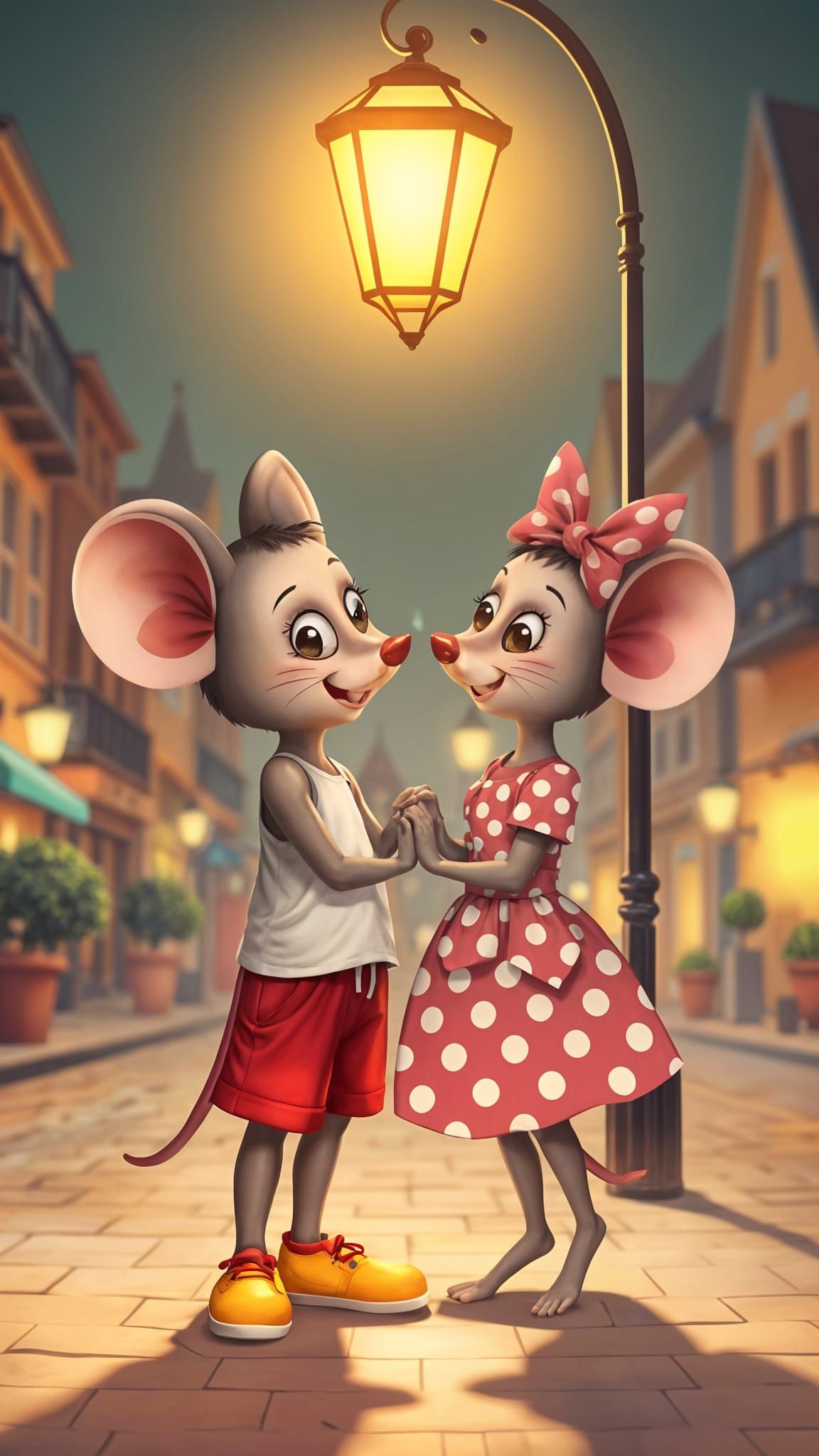 Charming Cartoon-Style Mouse Couple Under a Cozy Streetlamp