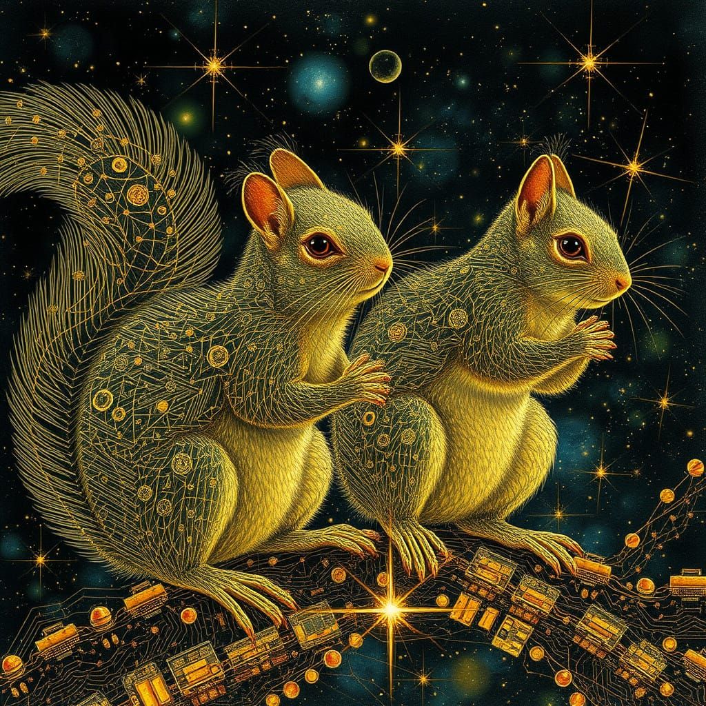 Celestial Squirrels in Gilded Holographic Style