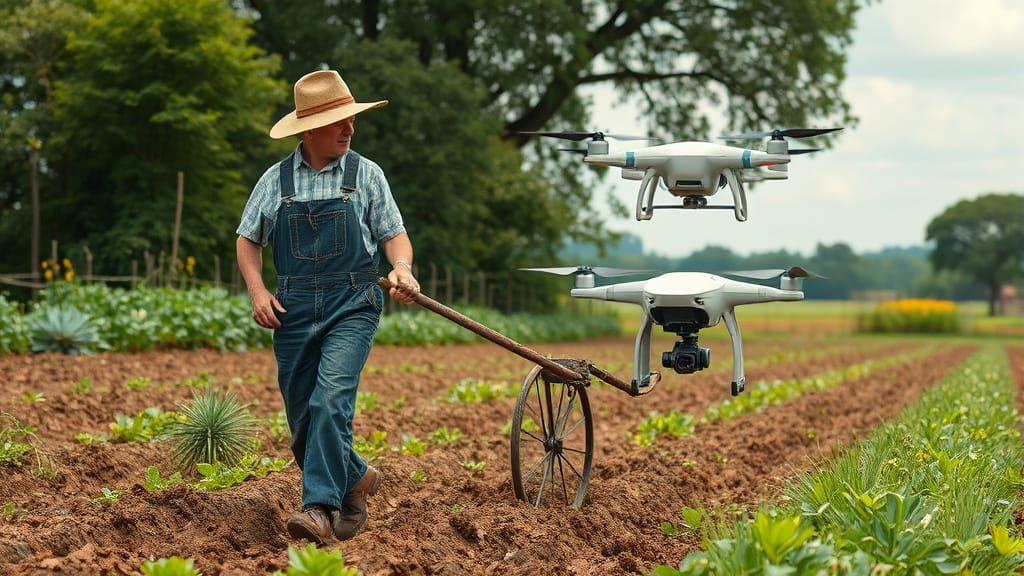 Robot Drone Pulls Plow in Garden, Folkloric Style