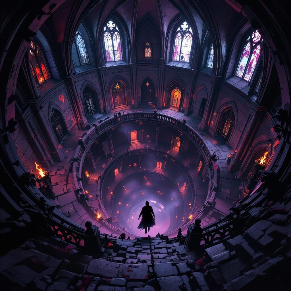 Gothic Figure Descending into a Dark Fantasy Elevator