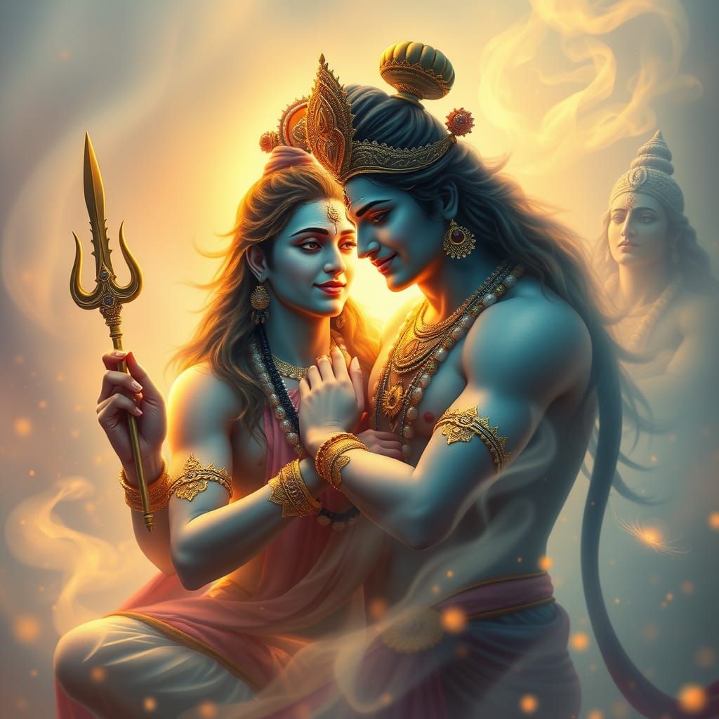 Lord Vishnu Embracing Lord Shiva in a Tapestry of Tantric Lo...