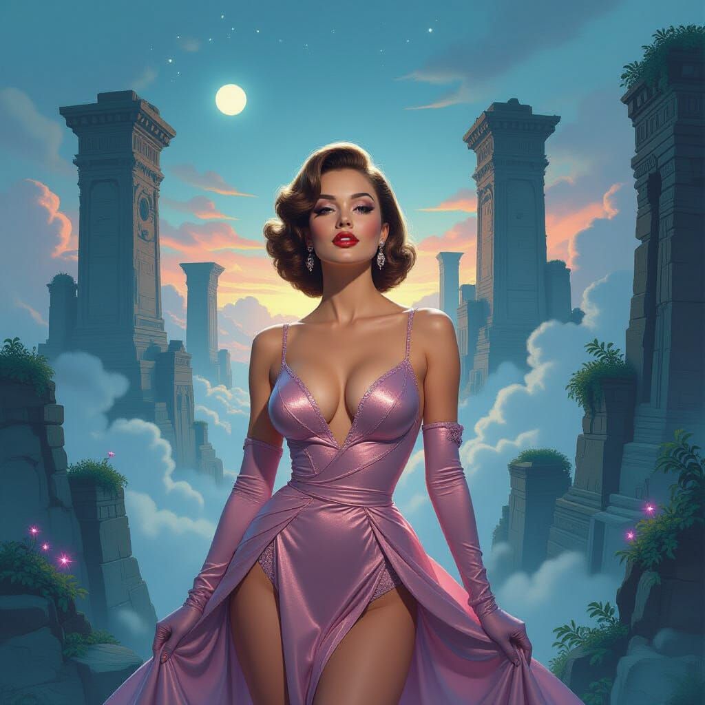 Glamorous Showgirl in 60s Costume Amidst Floating Ruins