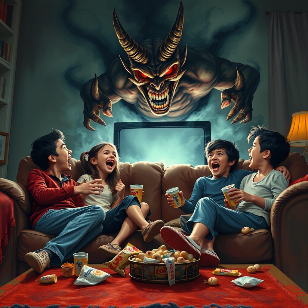 Family Terrorized by Crimson-Eyed Demon in Cozy Living Room