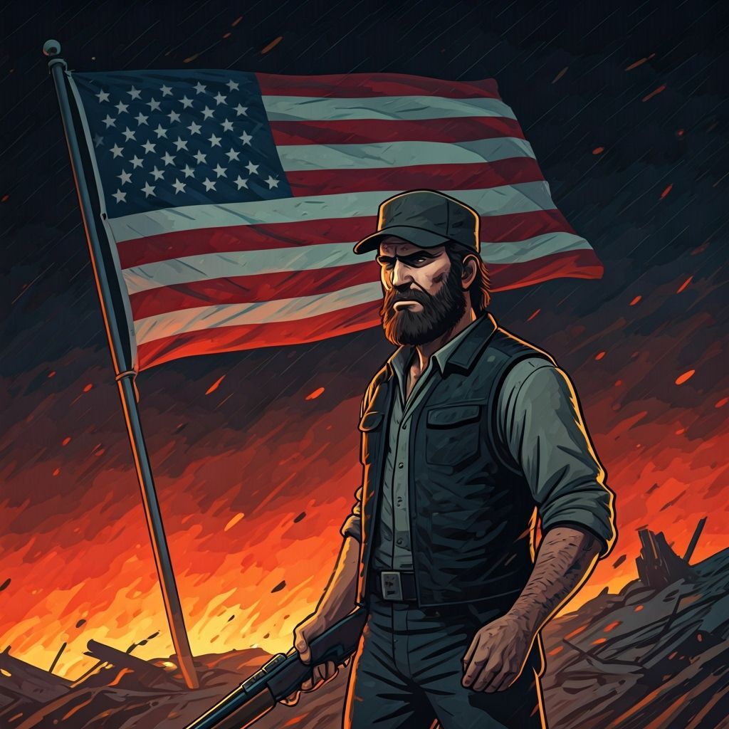 Bearded Man With Rifle and American Flag in Comic Style