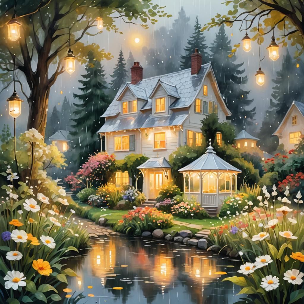 Rainy Day Cottage Garden in Watercolor Style