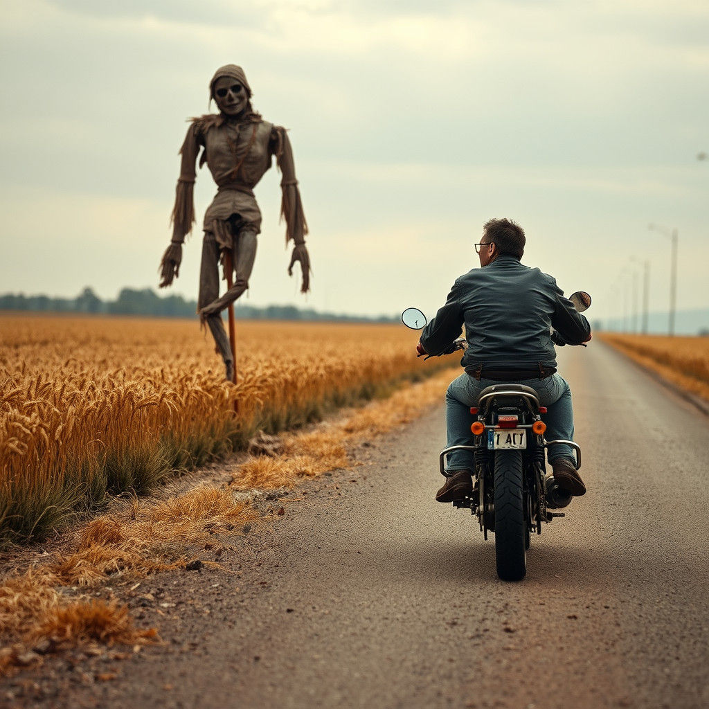 Eerie Biker Encounter in a Surreal Landscape
