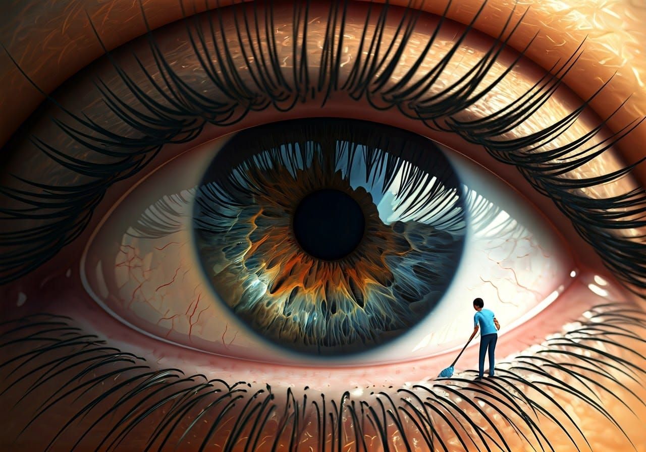 Miniature Human Cleans Giant Eye, Vibrant Fractal Art
