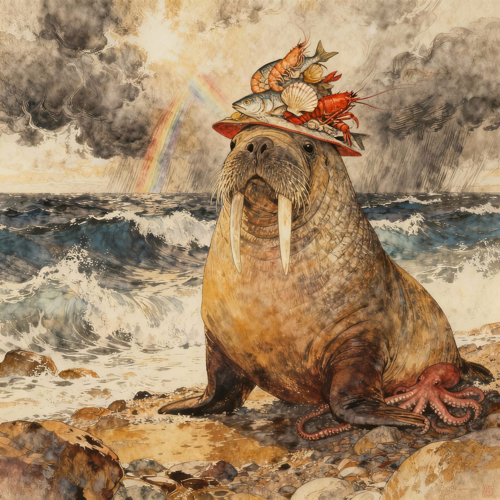 Colossal Walrus with Seafood Hat on Stormy Shore