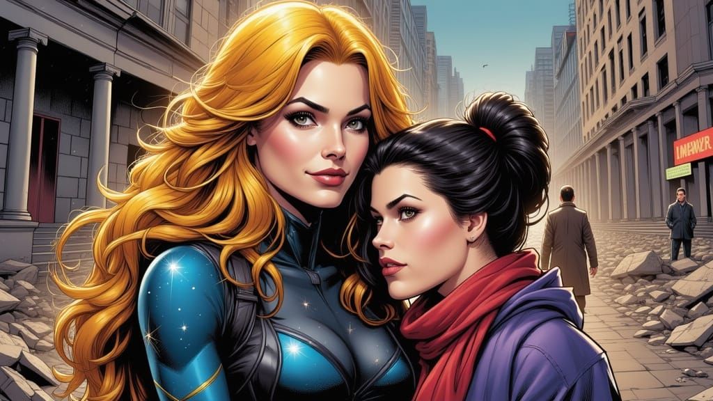 Infinite Woman Comforts Youth in War-Torn City