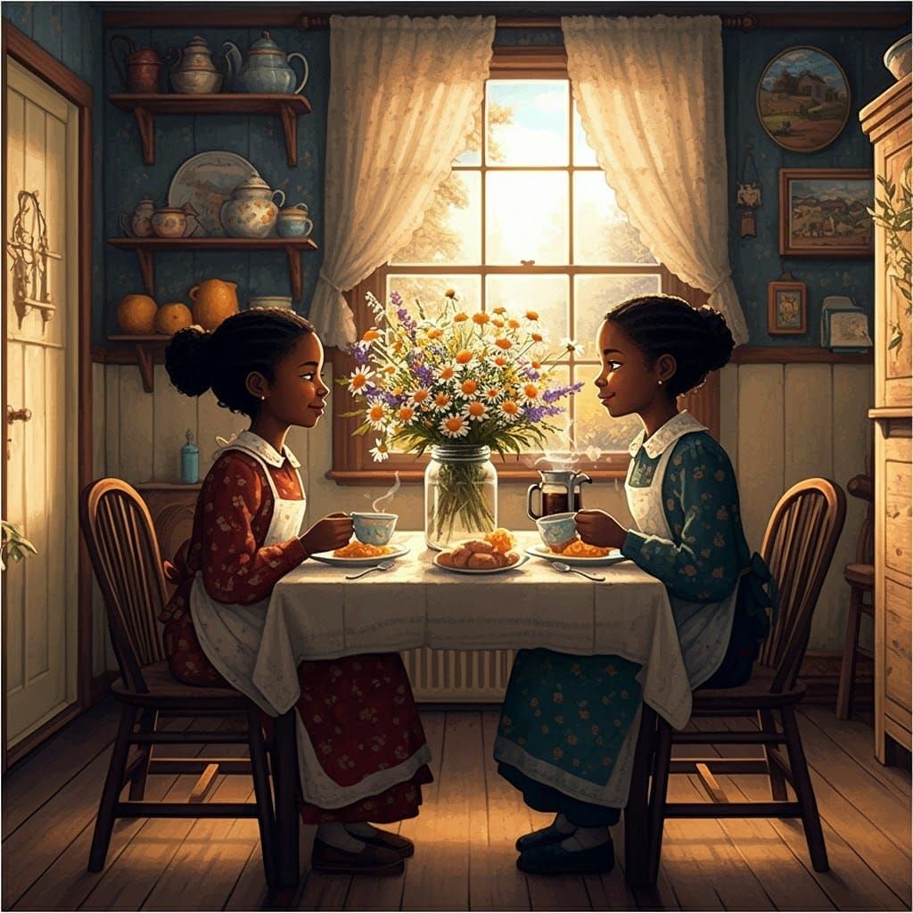 Sisters Enjoying Breakfast: An Elaborate Oil Painting