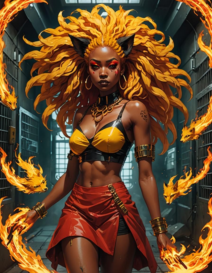 Nine-Tailed Fox Girl in Burning Cell: Abstract Art