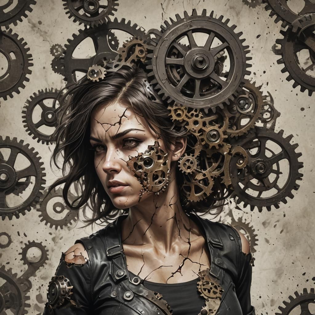 Surreal Image of Gears Ripping Through Woman's Skin