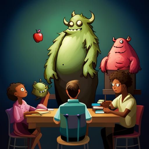 Monsters Learn in Fantasy School Classroom