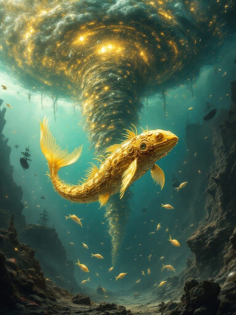 Golden Steampunk Amphibian in Epic Interstellar Tornado
