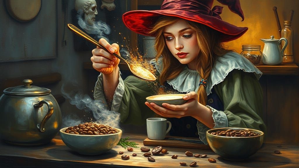 Ginger Witch Brews Coffee with Magic in Textured Oil Paintin...