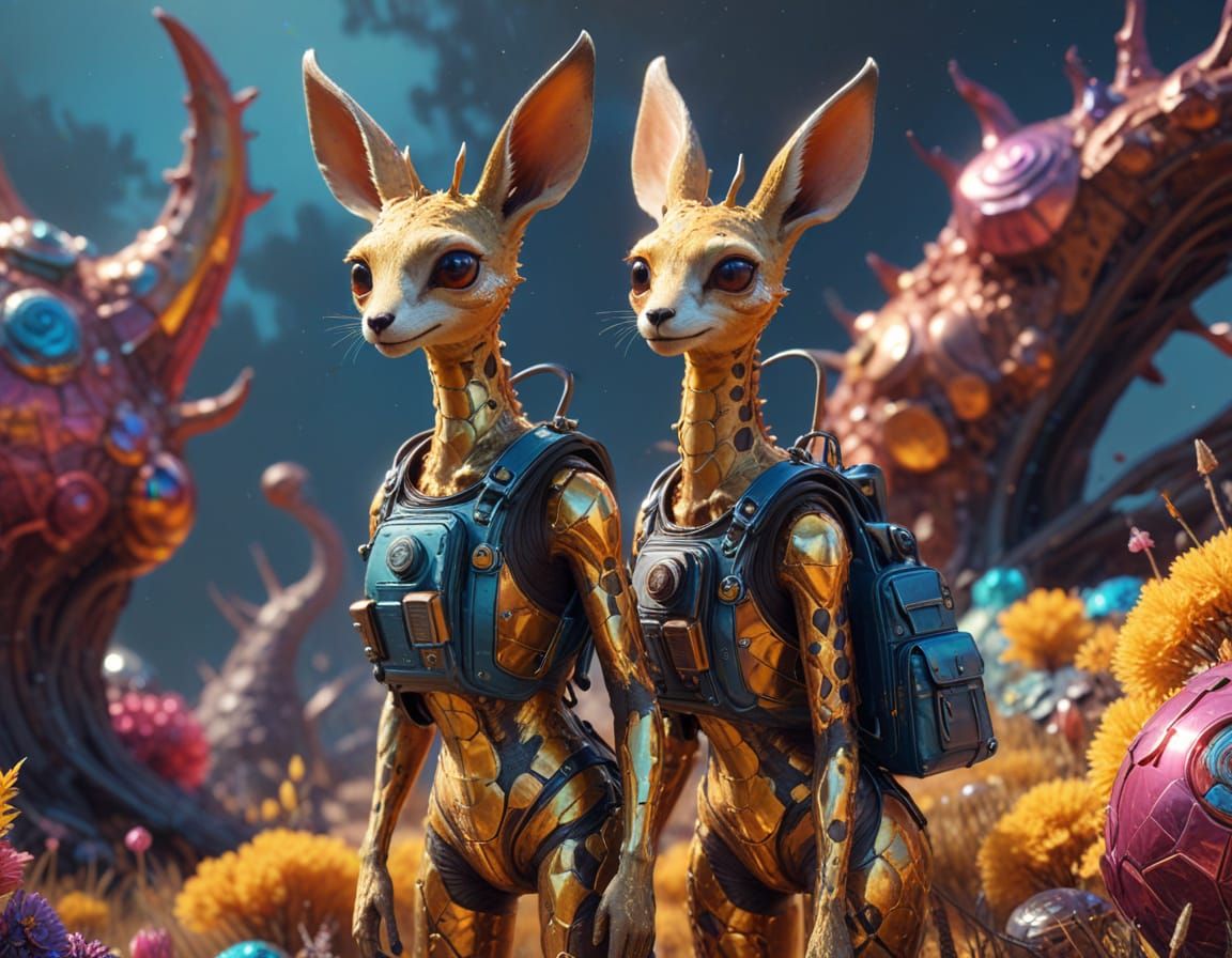 Surreal Hybrid Creature Amidst Vibrant Bismuth Fractals